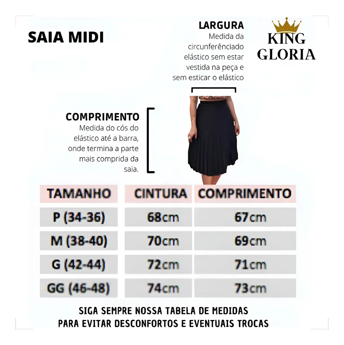 Saia Midi Preta Plissada Cintura Alta Tendência Social Moda