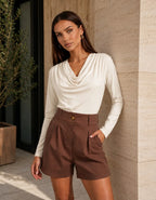 Short Feminino Linho Cintura Alta Com Bolso Cós De Elástico