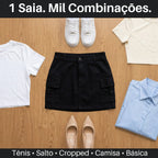 Saia Cargo Sarja Feminina Cintura Alta Com Lycra Bolsos