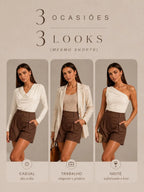 Short Feminino Linho Cintura Alta Com Bolso Cós De Elástico