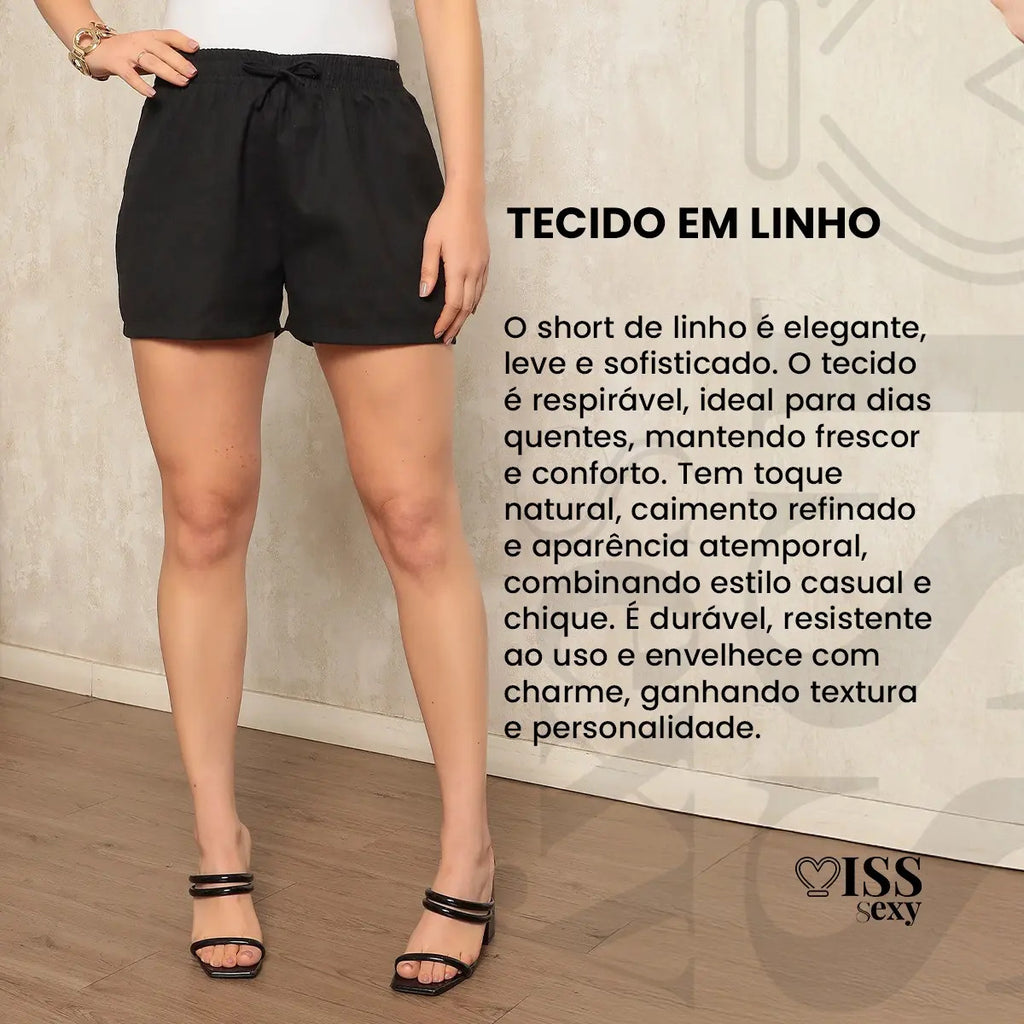 Shorts Bermuda Linho Feminino Cintura Alta Casual Praia