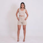 Short Feminino Alfaiataria Bolsos Cintura Alta Tendência
