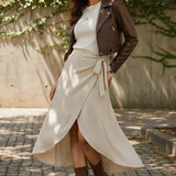 Saia Envelope Midi Linho Transpassada Feminina