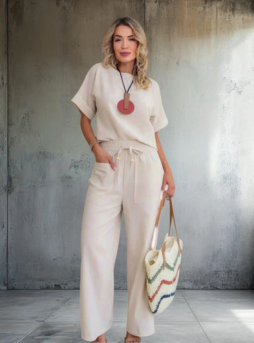 Conjunto Feminino Casual Blusa E Pantolana Bianca Crú