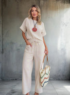 Conjunto Feminino Casual Blusa E Pantolana Bianca Crú