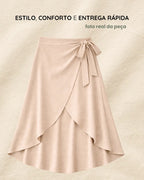 Saia Envelope Midi Linho Transpassada Feminina