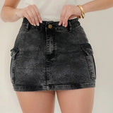 Saia Cargo Jeans Feminina Marmorizada Lycra Empina Bumbum