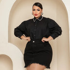 Saia Jeans Preta Plus Size Cintura Alta Barra Desfiada
