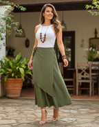 Saia Envelope Traspassada Midi Com Forro De Luxo Tendencia