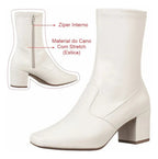 Bota Branca Feminina Stretch Bico Quadrado Salto Grosso