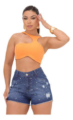 Short Jeans Feminino Strass Brilho Aplicaçao Cintura Alta