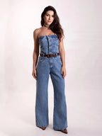 Macacão Jeans Feminino Tomara Que Caia Cintura Alta