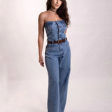 Macacão Jeans Feminino Tomara Que Caia Cintura Alta