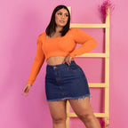 Saia Jeans Básica Plus Size Cintura Alta Barra Desfiada