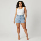 Short Jeans Plus Size Bordado Barra Feita Cintura Alta Liso