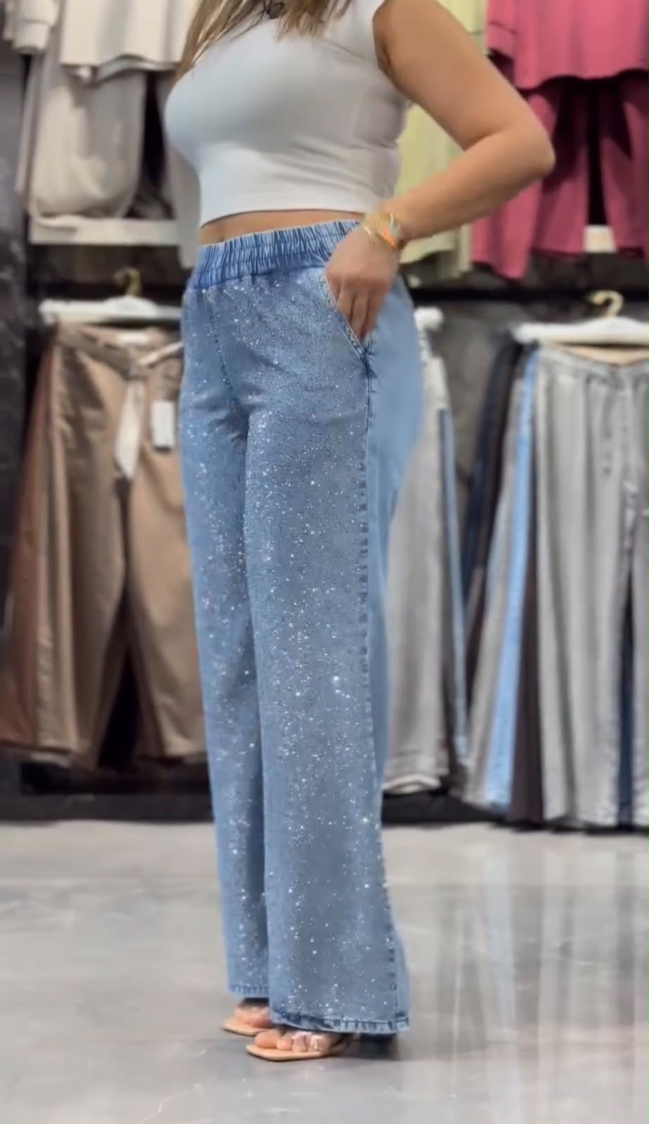 Calça Jeans Wide Leg Brilho Premium