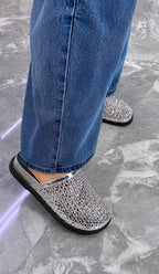 Mule Feminino Trama Metalizada Prata