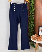Calça Flare Feminina Cintura Alta com Botões Dourados