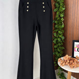 Calça Flare Feminina Cintura Alta com Botões Dourados