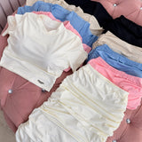 Conjunto Feminino Cropped Manga Curta + Saia Drapeada