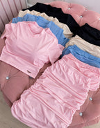 Conjunto Feminino Cropped Manga Curta + Saia Drapeada