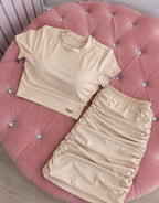 Conjunto Feminino Cropped Manga Curta + Saia Drapeada