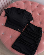 Conjunto Feminino Cropped Manga Curta + Saia Drapeada