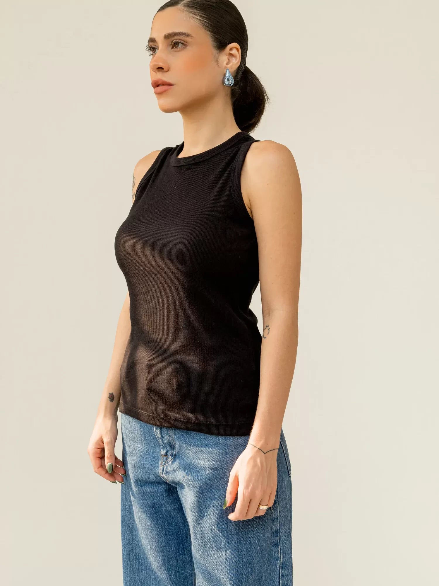 Blusa Regata Canelada 100% Algodão Helô Preto