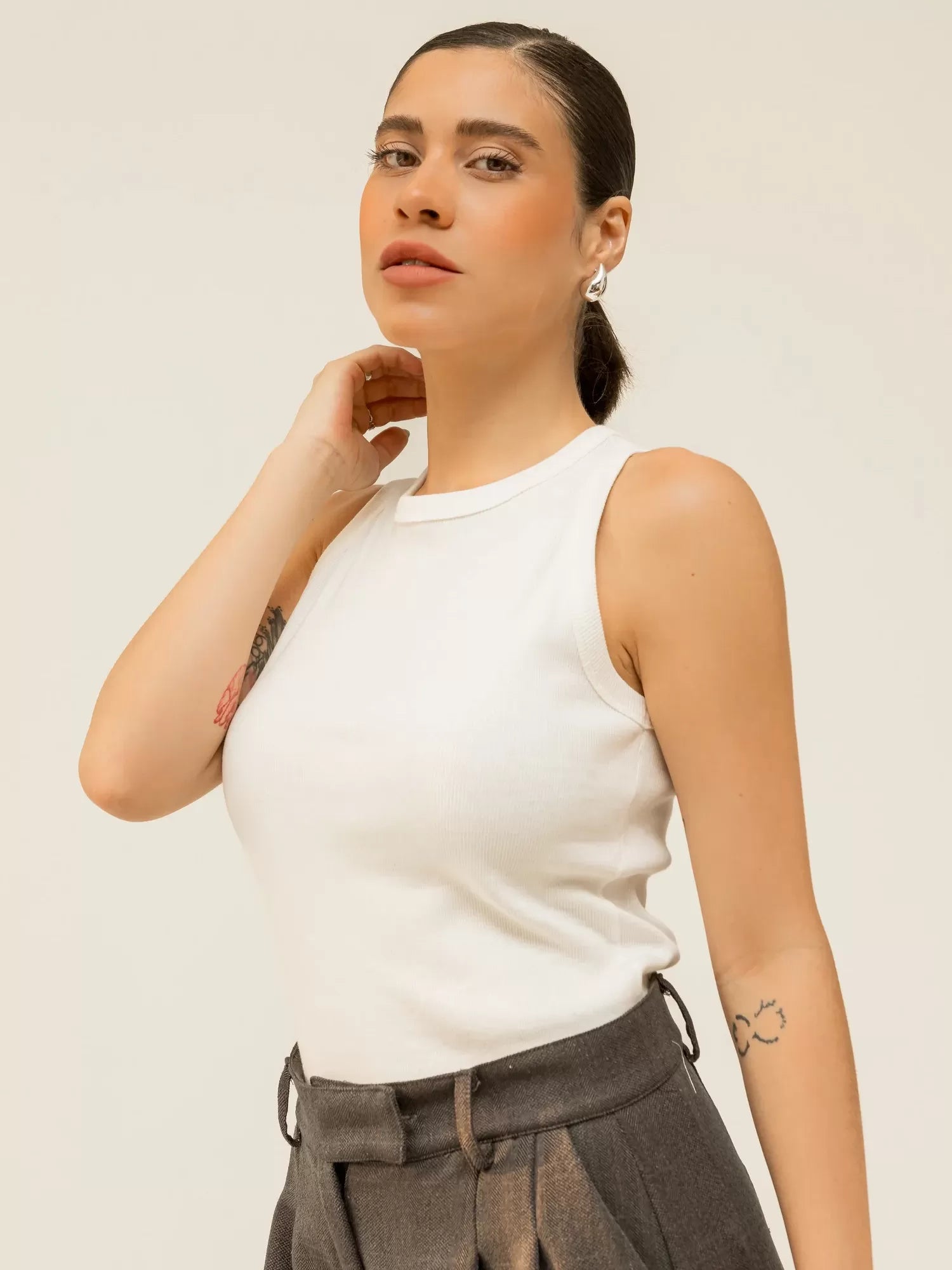 Blusa Regata Canelada 100% Algodão Helô Off White