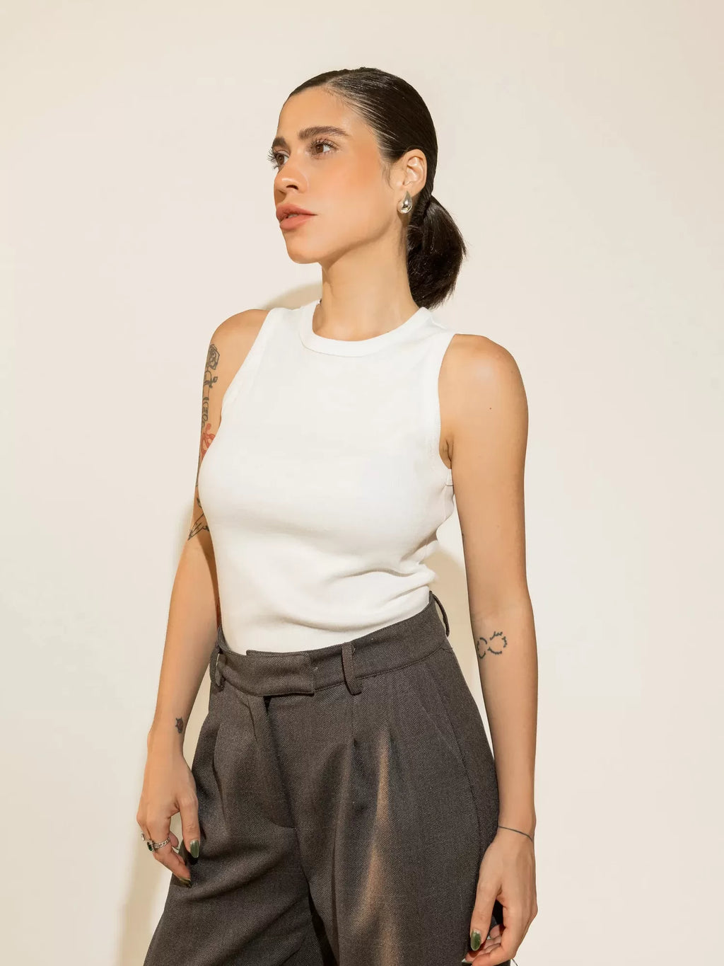 Blusa Regata Canelada 100% Algodão Helô Off White