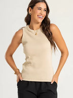 Blusa Regata Canelada 100% Algodão Helô Bege Amêndoa