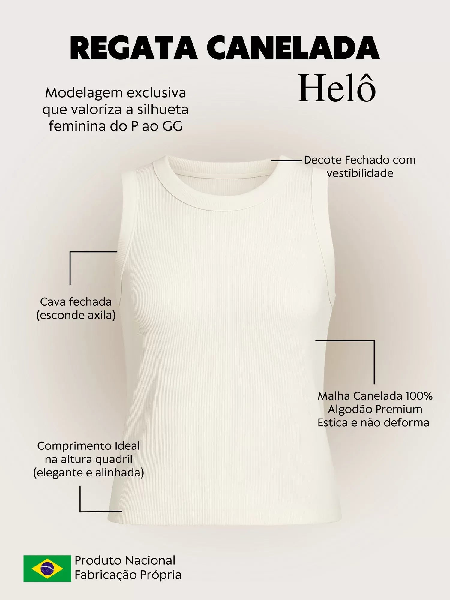 Blusa Regata Canelada 100% Algodão Helô Bege Amêndoa